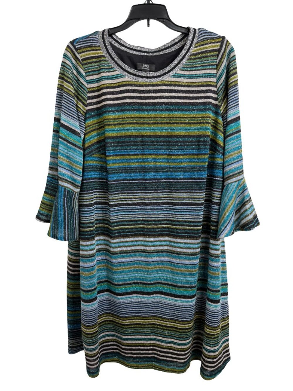 JBS Women Knit Dress 1X Metallic Blue Stripe Bell Sleeve Business Casual
